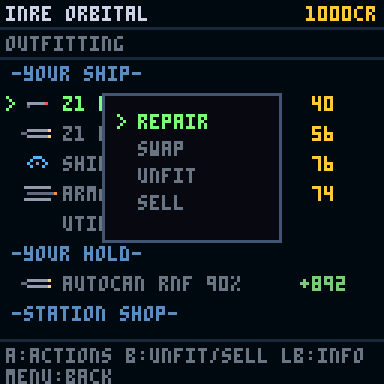 Outfitting action menu