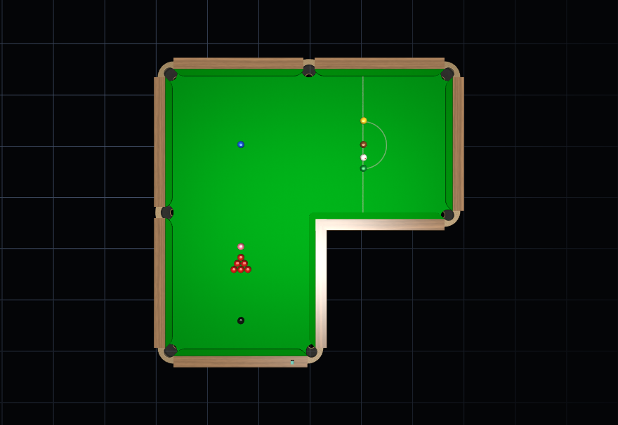 Six-red snooker on an L-shaped bed, from above