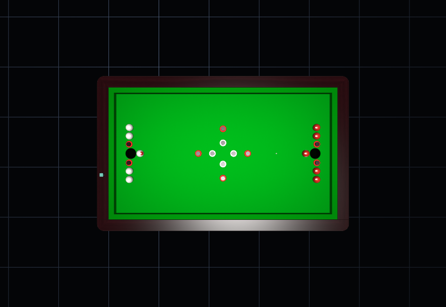 A bumper pool table from above, showing the cross of bumpers and the two cups