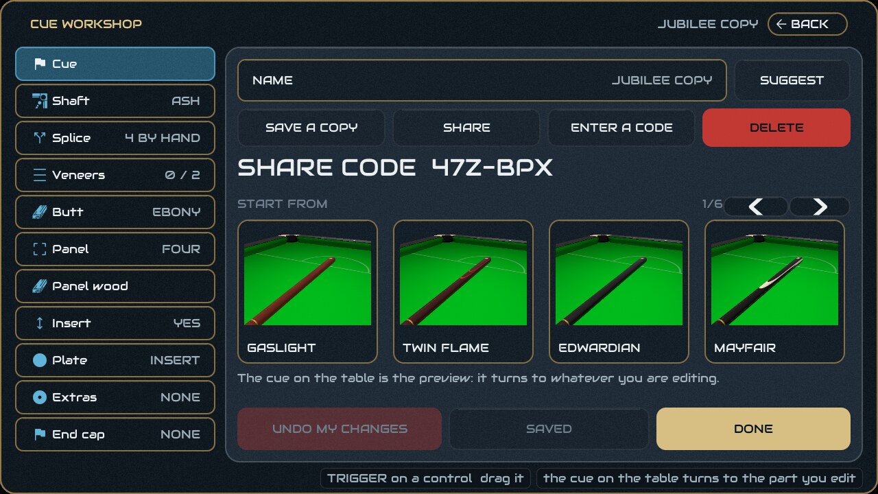 A share code shown in the cue workshop