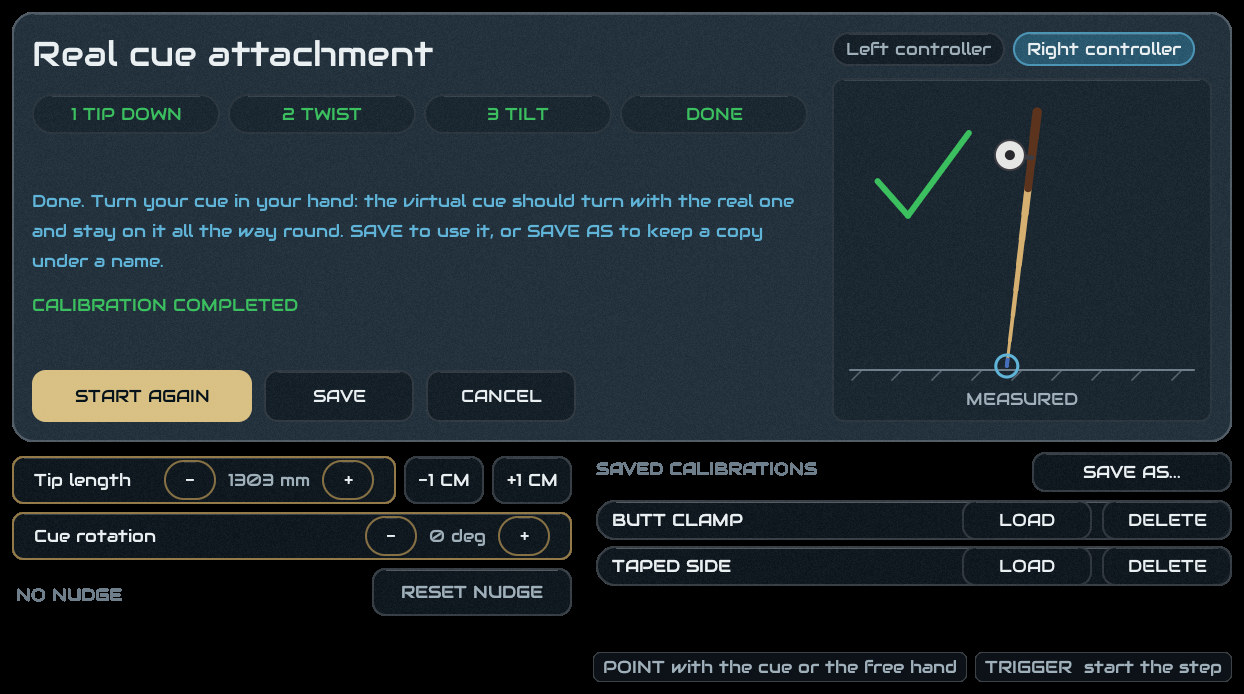 The set-up screen after calibrating: CALIBRATION COMPLETED, with SAVE, tip length, cue rotation and saved calibrations