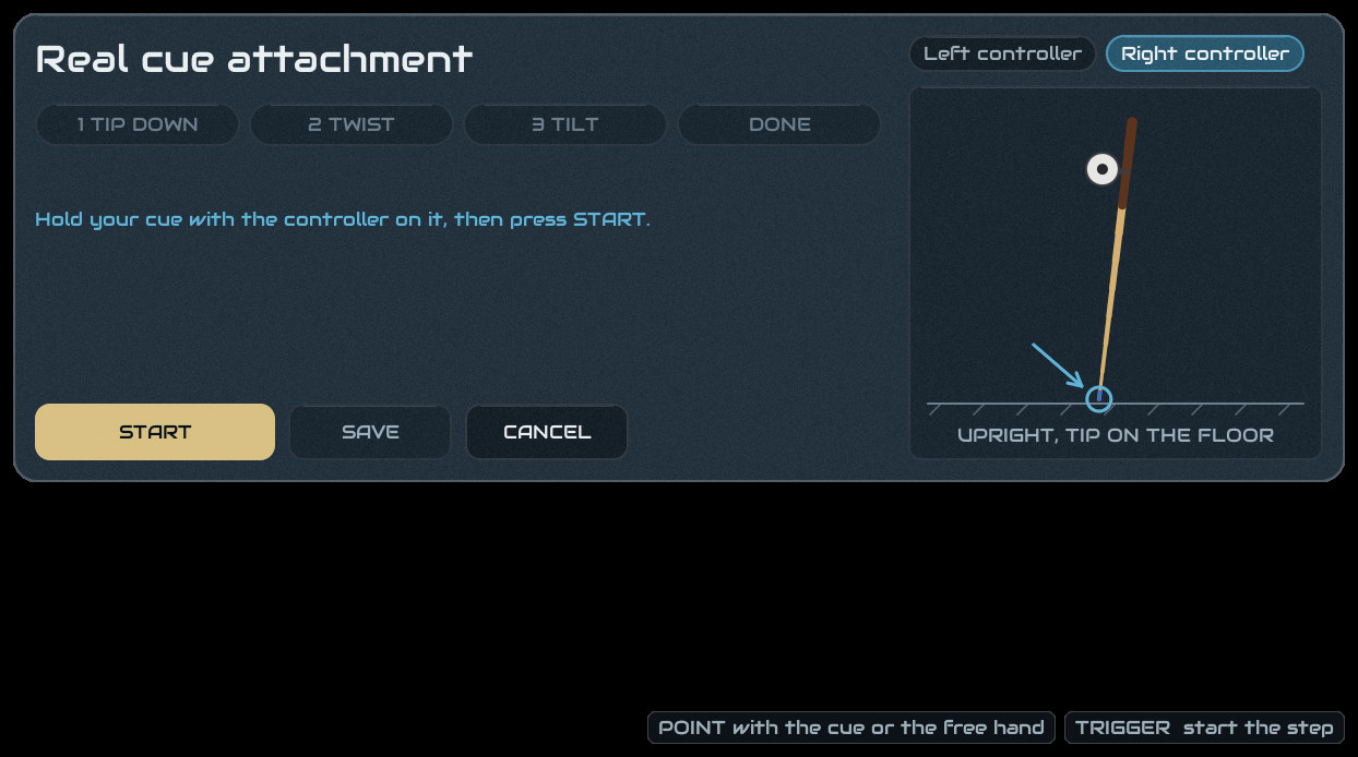The Real cue attachment screen: a row of steps, the controller choice, and START