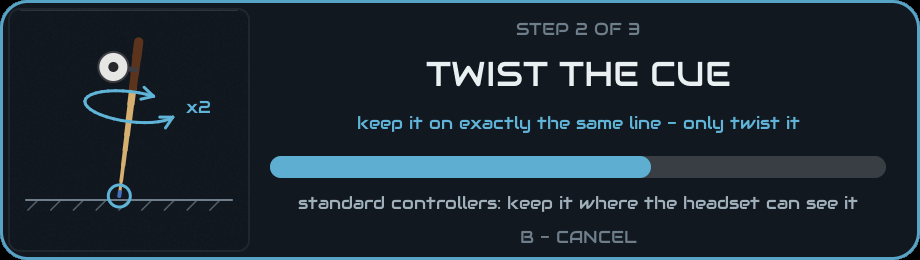 The card: STEP 2 OF 3, TWIST THE CUE, tip still until the ring is full, with its bar part filled
