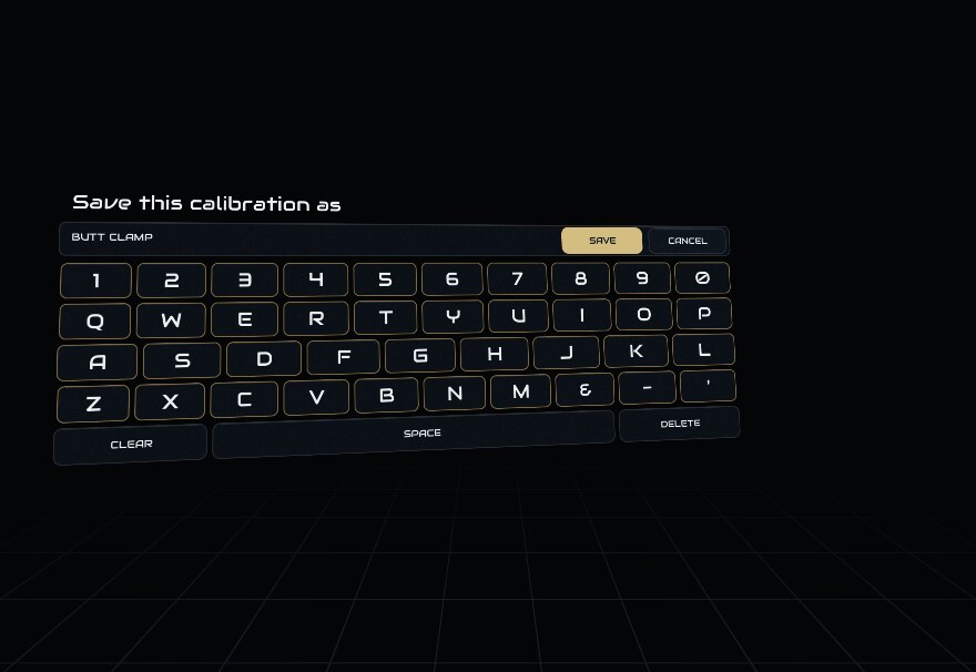 Save this calibration as: a name field, SAVE and CANCEL, and a keyboard
