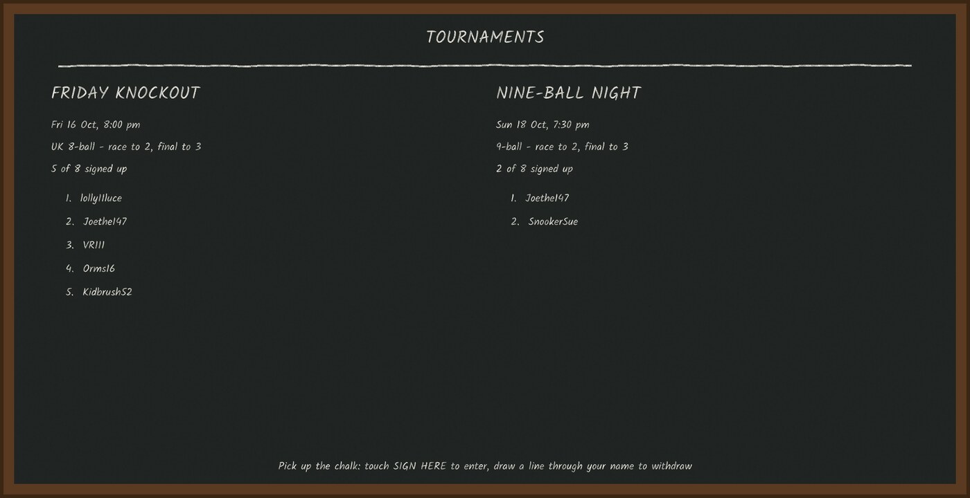 The club's blackboard with a tournament's sign-ups